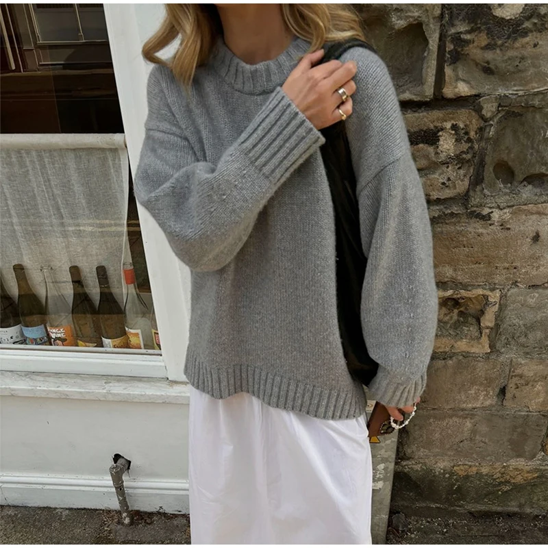 Suéteres casuales de punto con cuello redondo para mujer, suéter retro para adictos al trabajo, suéter femenino elegante de otoño, prendas de punto sencillas de calle