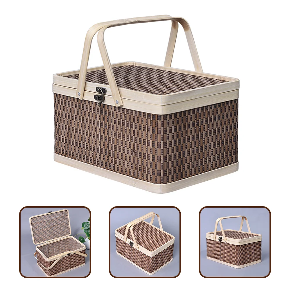 

Bamboo Basket Snack Storage Woven Handheld Picnic Fruits Bread Sundries Lunchbox