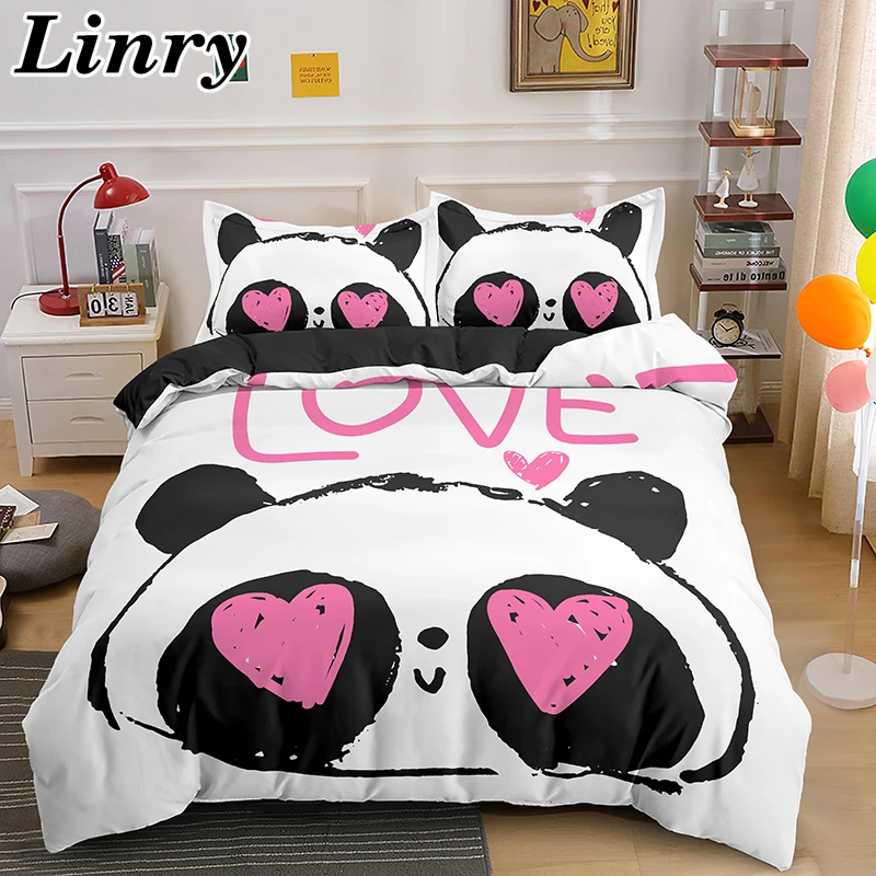 

Cartoon Love Heart Panda Comforter Bedding Sets Cute King Size Double Bed Duvet Cover Set with Pillowcase For Home Decor Textile
