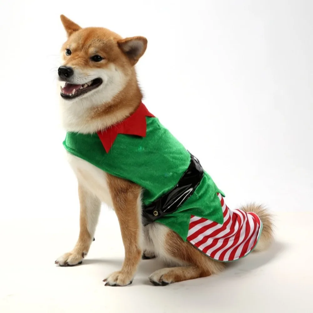 Pet Costumes Green Elf Pet Cosplay Costumes Comfortable Christmas Dog Clothes Winter Warm Puppy Striped Vest Coat for Pet Accessories