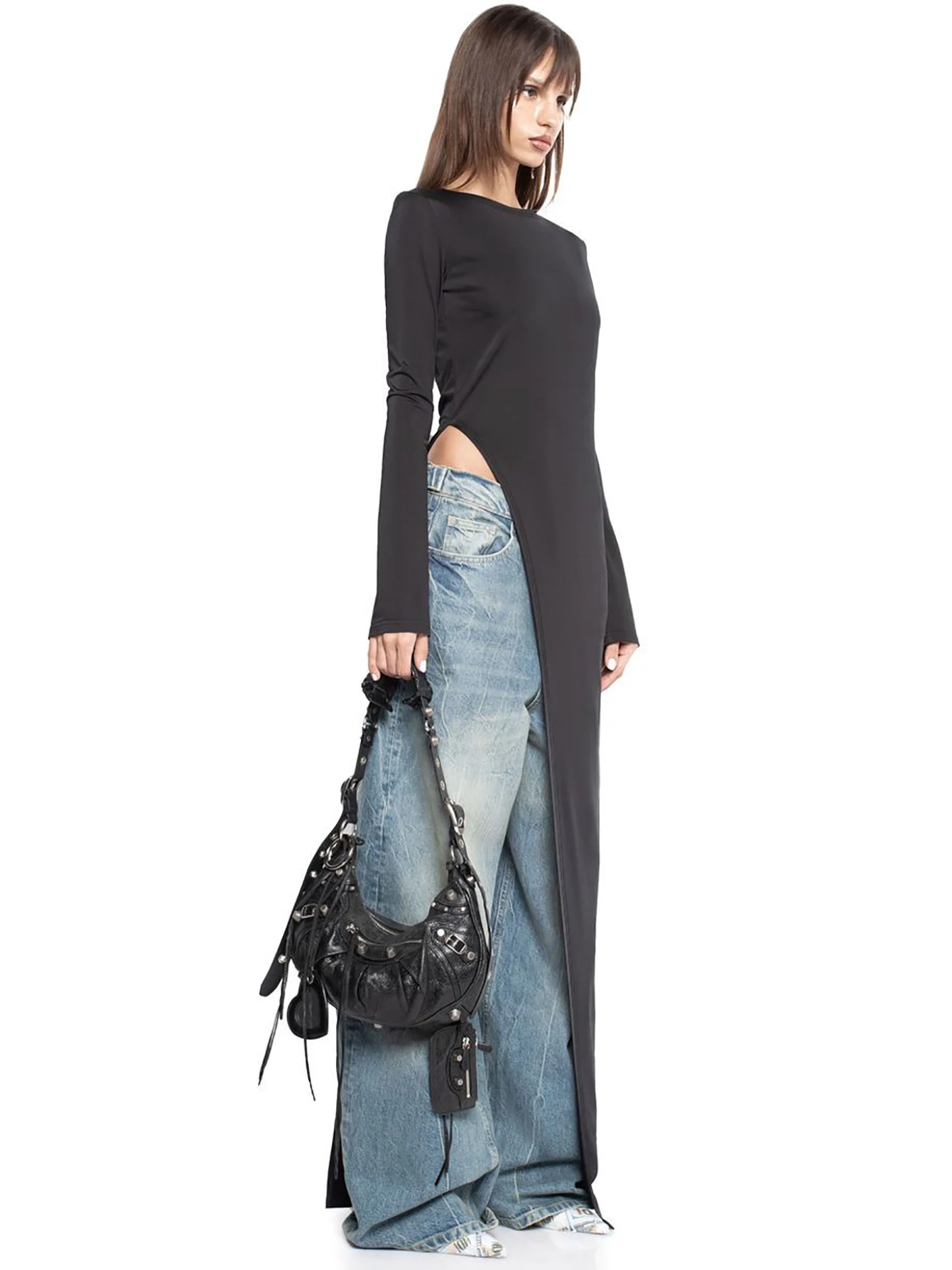 Long Sleeve High Slit Maxi Dress - Solid Sexy Autumn Winter Party Outfit