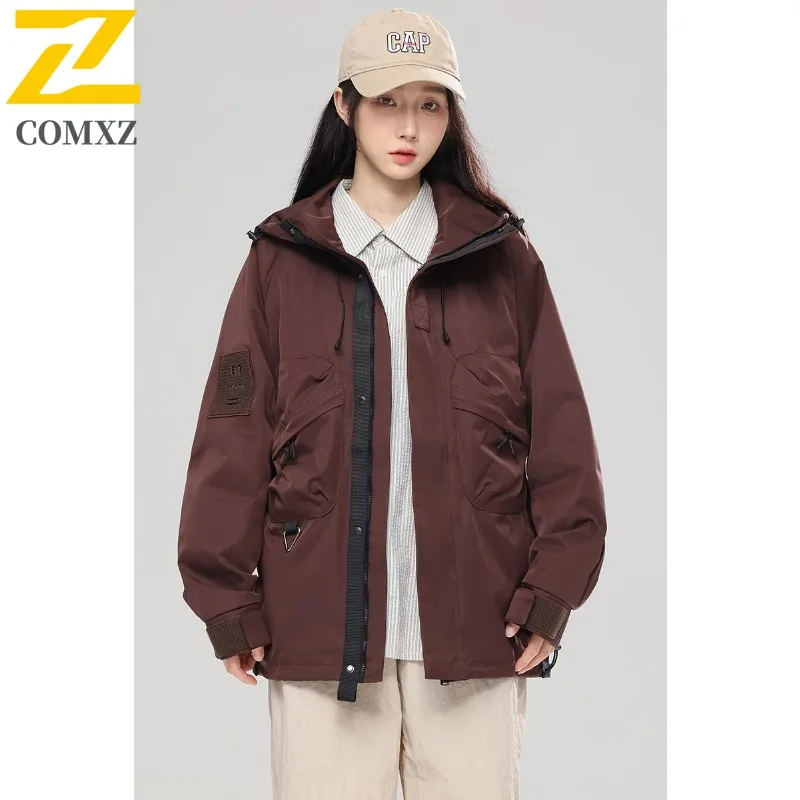 COMXZ Men Outdoor Jacket Versatile Hooded Mountaineering Windproof Motorcycle Jacket Casual Daily Wear Style Autumn Zipper Coat