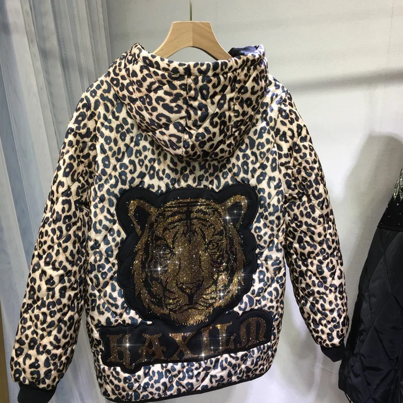 

Thicken Quilted Cotton-padded Coat for Women Hot Drilling Tiger Hooded Cardigans Top Autumn Winter Loose Leopard Wadded Jacket