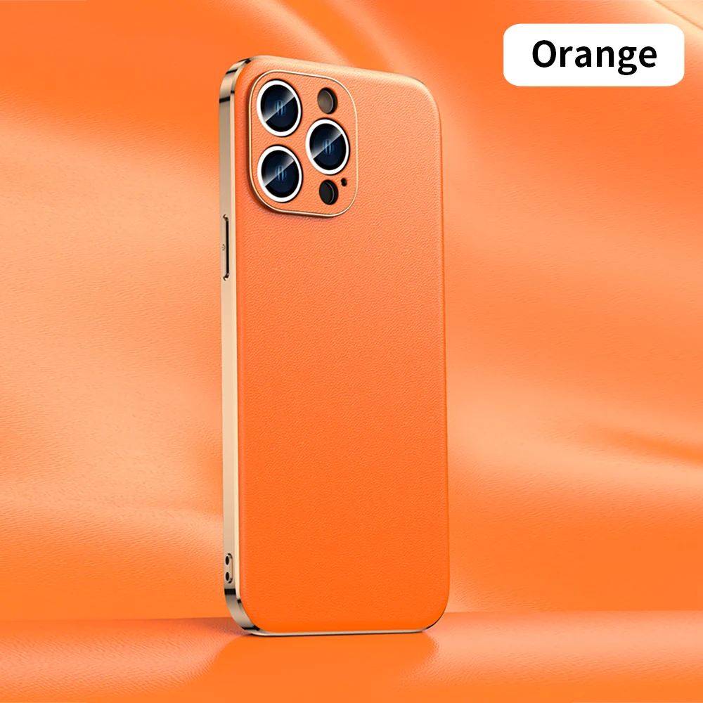 Luxury Genuine Cowhide Leather Phone Case with Full Lens Protection and Elegant Plating Design