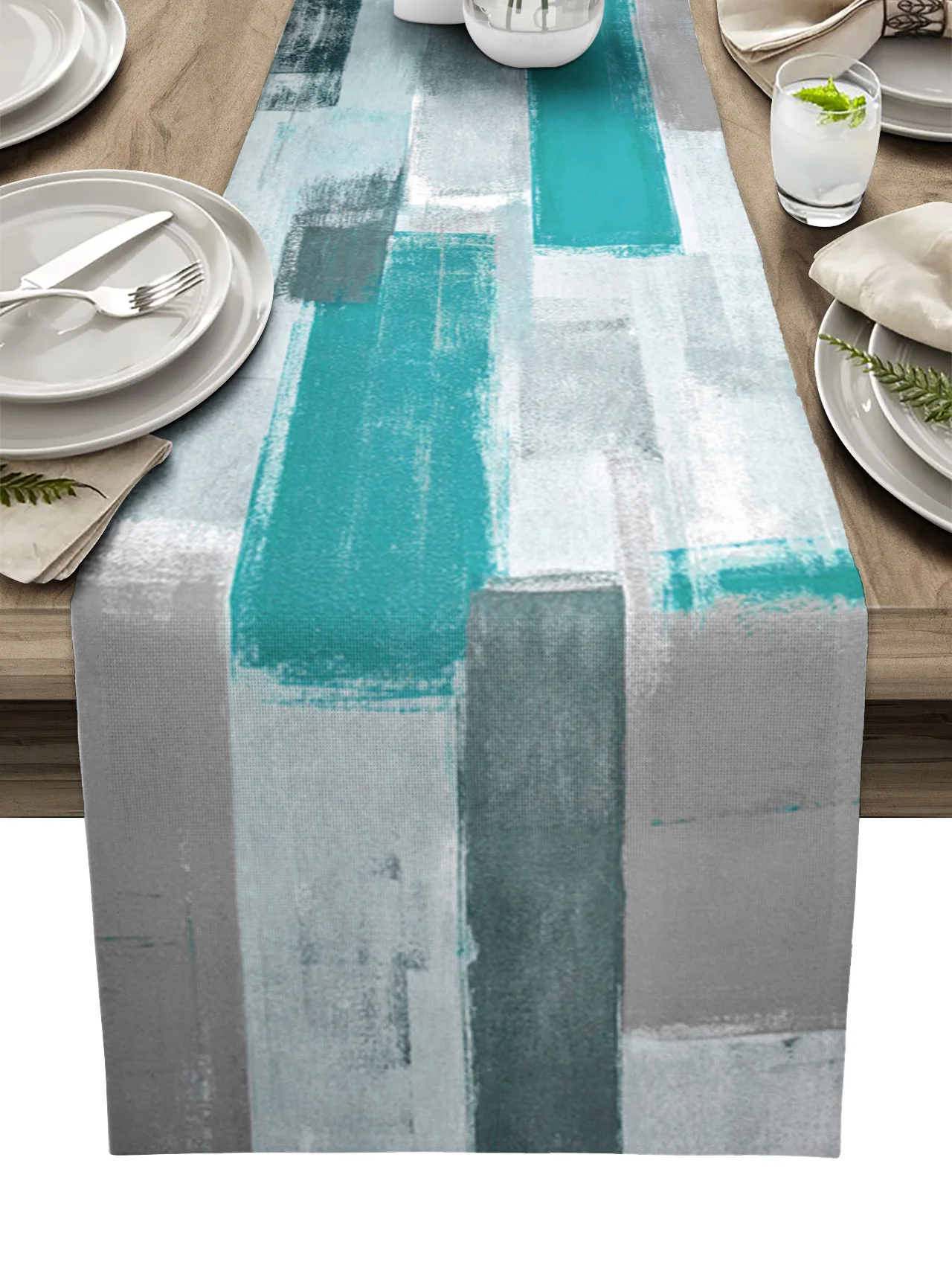 

Oil Painting Abstract Geometric Aqua Blue Linen Table Runners Kitchen Table Decoration Dining Table Wedding Party Supplies