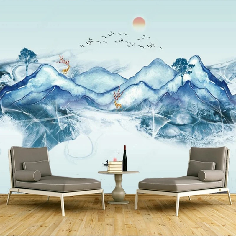 Custom 3D Mural Chinese Style Nature Landscape Blue Mountains Ink Painting Wallpaper Bedroom Living Room TV Backdrop Wall Decor