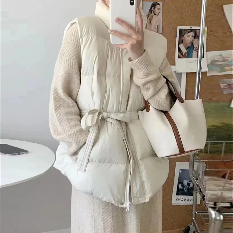 

White Duck Down Vest Female Winter 2023 New Stand Collar Tie-up Belt Sweet Sleeveless Jacket Women Light Warm Waistcoat Outwear