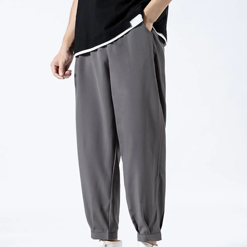 Solid Color Men Pants Ankle-length Smooth Wide Leg Ankle Tied Oversize Pants Sweatpants