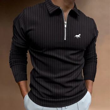 Polo a maniche lunghe con mezza zip e logo ricamato minimalista, top casual da uomo per tutti i giorni