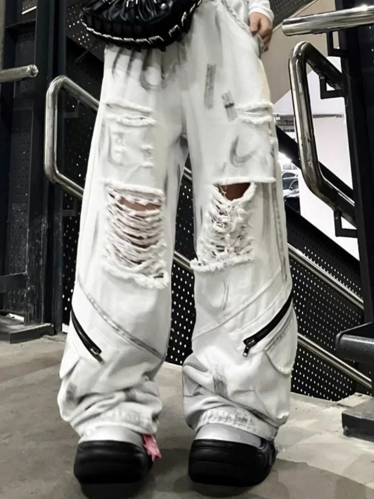 Y2K 2000S White Graffiti Ripped Baggy Stacked Cargo Jeans Pants