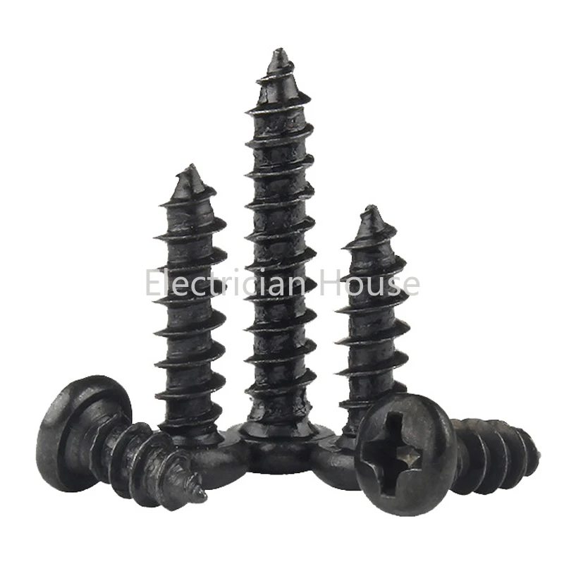 Self Tapping Screw 100 pcs/lot Cross Round Head Phillips M1 M1.2 M1.4 M1.5 M1.7 M2 M2.3 M2.6 M3 M3.5 M4 M5 Black Carbon Steel