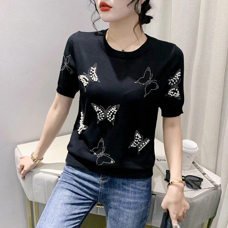 

2023 New Summer European Clothes Knitted T-Shirt Chic Sexy Bright Shiny Diamonds Butterfly Women's Tops Short Sleeve Tees 34091