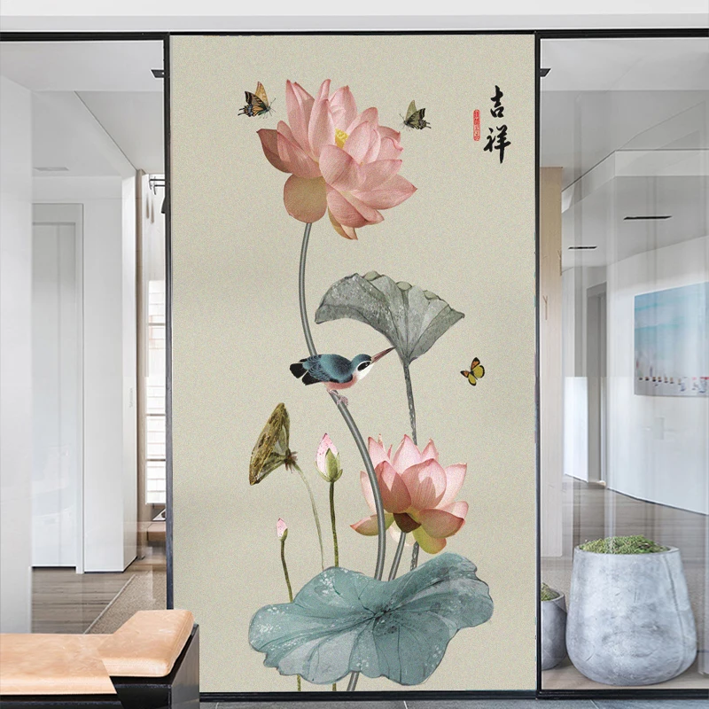 

Window Film Privacy Frosted Glass Sticker Heat Insulation and Sunscreen Lotus Decoration Adhesive sticker for Home