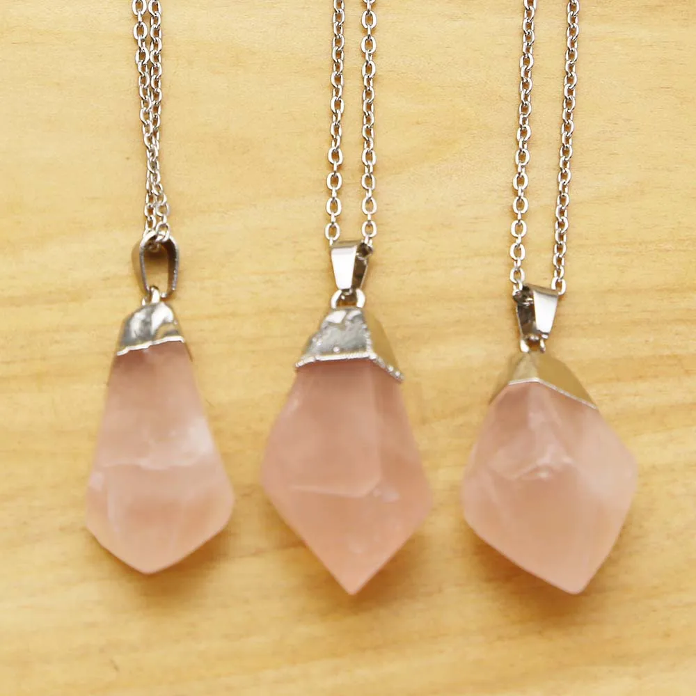 Natural Stone Irregular Rose Quartz Silver Plated Pendant Stainless Steel Chain Necklace Charm DIY Jewelry Accessories Gift 8Pcs