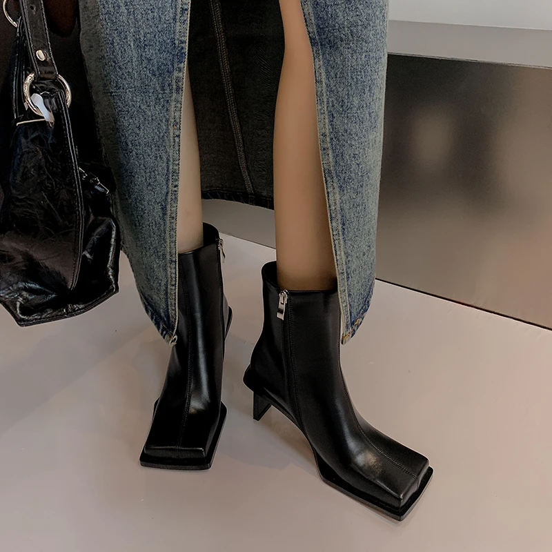 Square Toe Shaped Heel Women's Ankle Boots Genuine Leather Side Zipper Solid Woman Short Boots Autumn New Fashion High Heels