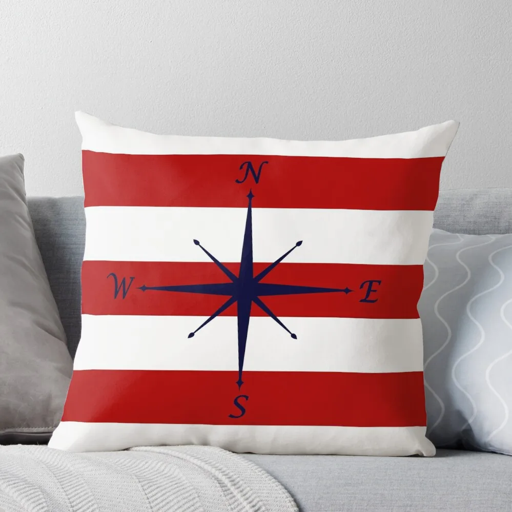 

Nautical Navy Blue Compass On Red and White Stripes Throw Pillow christmas pillow case Anime