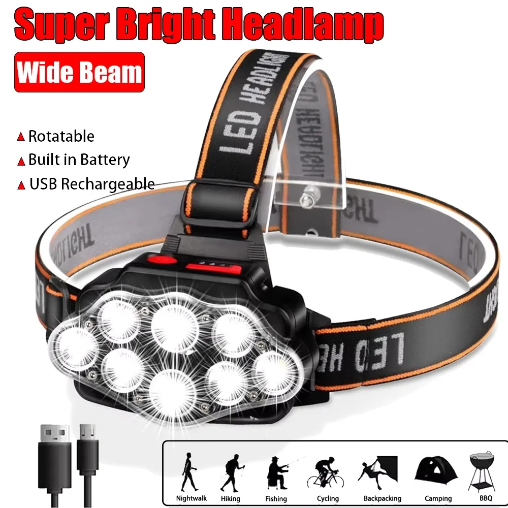 USB Rechargeable Headlamp High Lumen Bright Head Lamp with 8 LED Headlight 4 Mode IPX4 Waterproof Head Flashlight Head Light