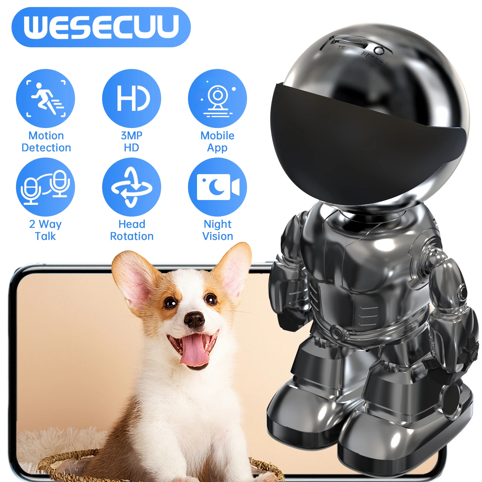 WESECUU 1080 HD Robot Camera Wifi 3MP Indoor Home Security Camera Night Vision Two Way Audio Auto Tracking Indoor Baby Monitor 1