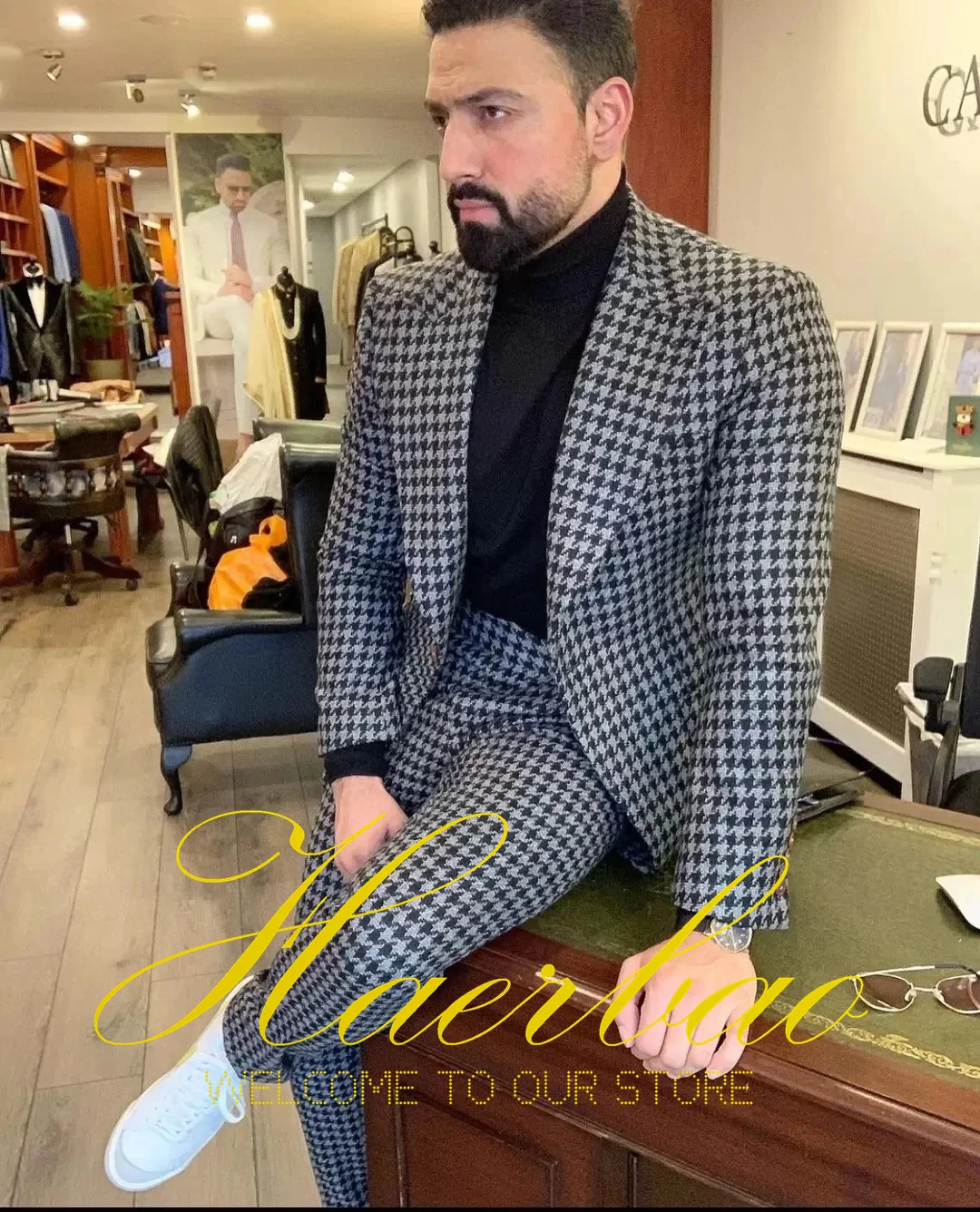 

Houndstooth Men's Suit 2-piece Formal Business Workwear Slim Fit Design Wedding Custom Tuxedo Groom Blazer