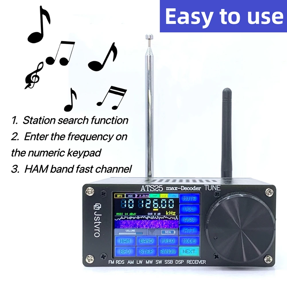 Radio-ontvanger, 2.4 In ATS25Max Decoder SI4732 Full Band Radio voor DSP FM LW MW SW SSB Touchscreen Ontvanger met Aluminiumlegering
