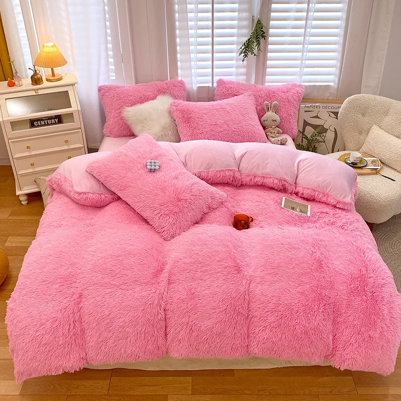 

Winter Warm Plush Duvet Cover Pink Romantic Princess Mink Velvet +Fluffy Flannel Quilt Cover Luxury Bedding Set King Size