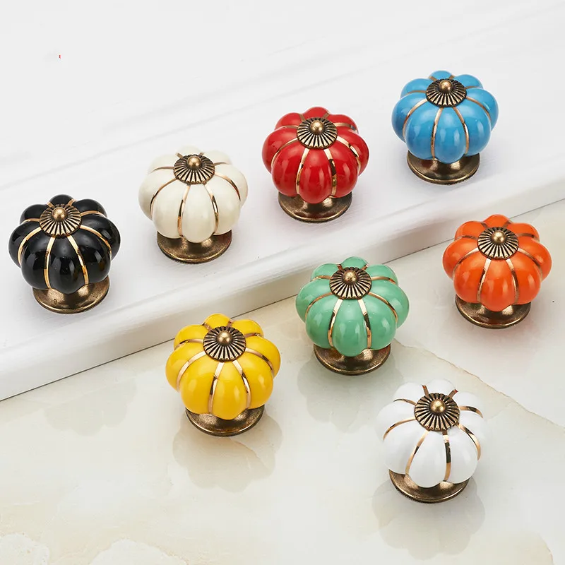 Pumpkin Gold Ceramic Handles Drawer Knobs Single Hole Cupboard Handles Cabinet Pulls Kitchen Accessories Handles Furniture