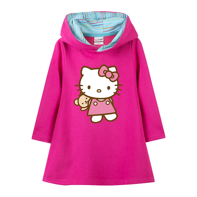 thumbnail image 1 of Vestido con capucha de longitud media para niños de Hello Kitty, vestido de manga larga con estampado de dibujos animados para niñas, ropa para niños, falda acampanada de estilo occidental, 1 of 5
