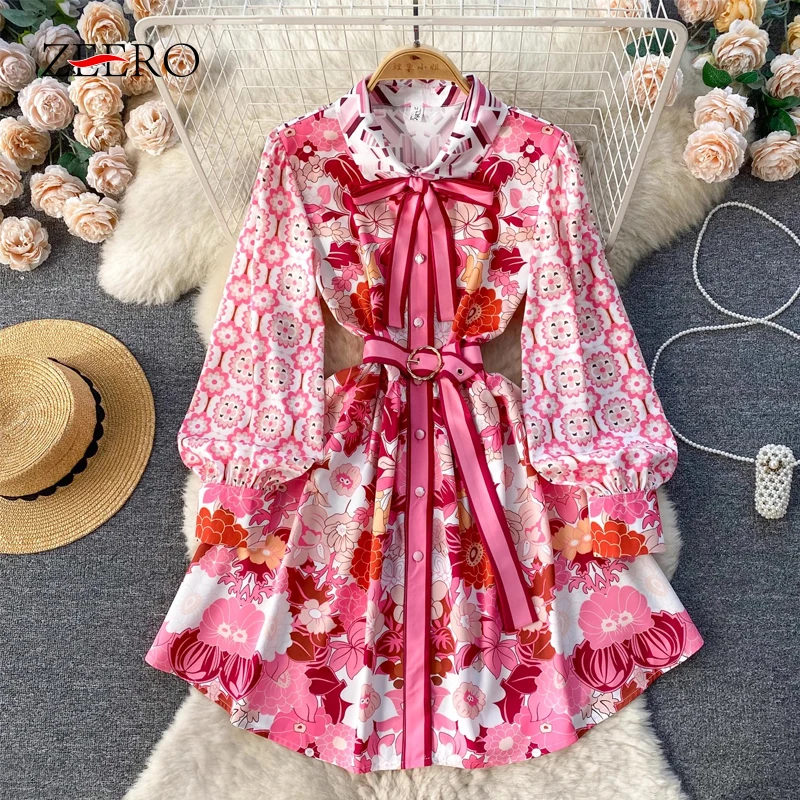 

Women Lapel Neck Floral Printed Dress Elegant Lady Bowknowt Long Sleeve Single-breasted Belted Mini Party Dresses Vestido Spring