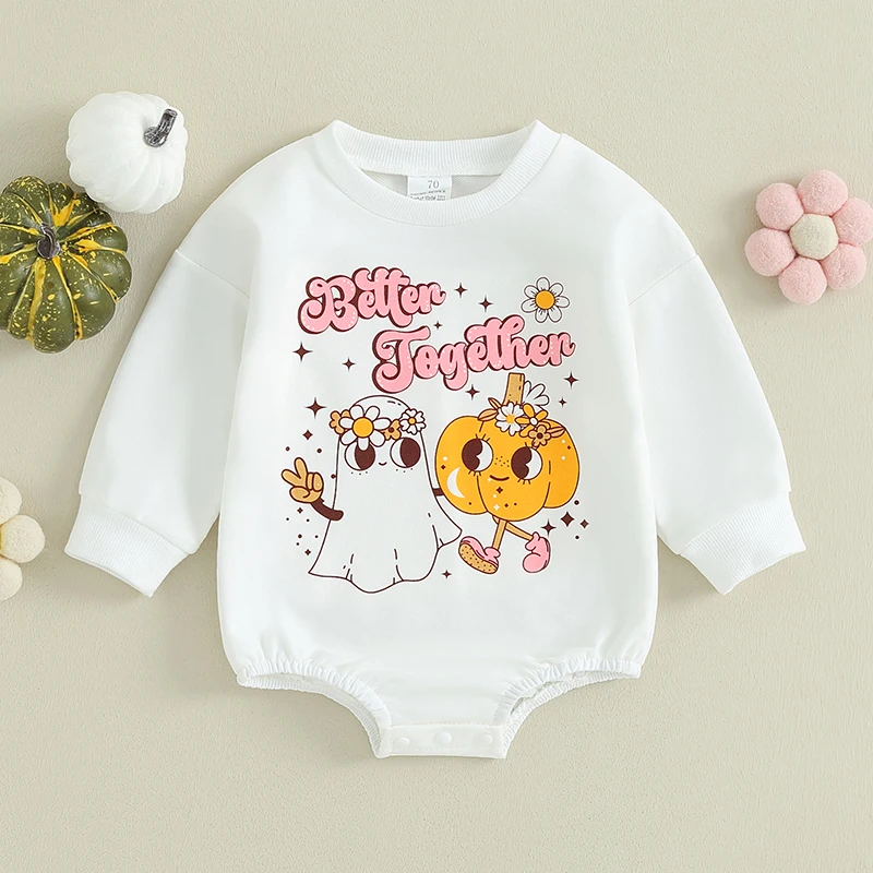 

Baby Boys Girls Casual Crewneck Sweatshirt Romper Long Sleeve Letter Pumpkin Ghost Print Bodysuit Halloween Clothes 3-24Months