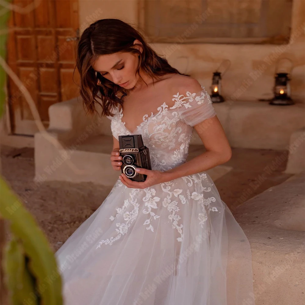 V-Neck A-Line Women Wedding Dresses Bright Tulle Bridal Gowns Newest Mopping Length Short Sleeves Princess 2024 Vestido De Novia 3