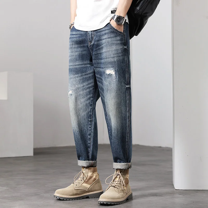 2024 New Fashion Men's Ripped Jeans Retro Casual Wide Leg Baggy Jeans Trendy Hip Hop Street Wear Y2K Men's Jeans Men's Clothing