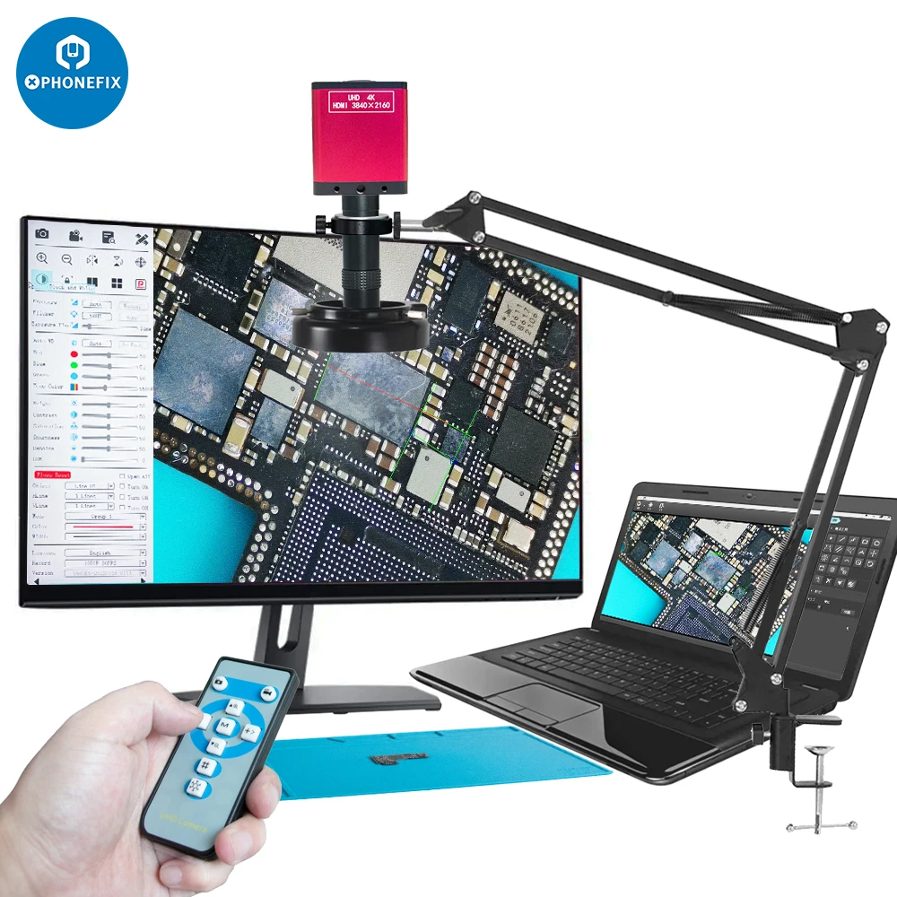4K 48MP HDMI VGA USB Microscope Camera Zoom C Mount Lens Cantilever Stand for Digital Image Acquisition Teaching Live Streaming