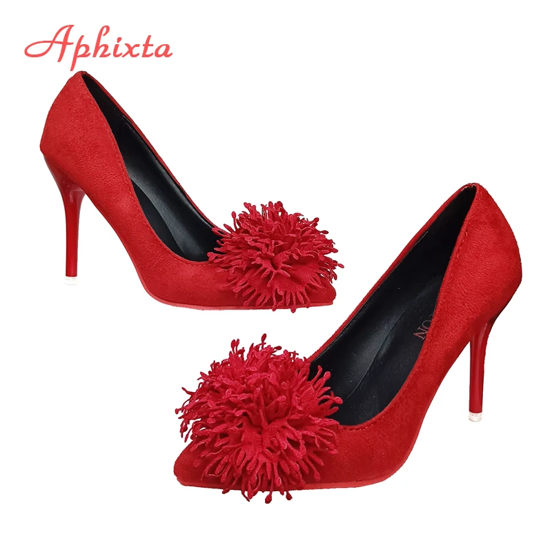 Aphixta 10cm Stiletto Heels Pumps Hot Sale Flowers Super Hight Sex Change Women Flock Casual Shoes Large Size 49 50
