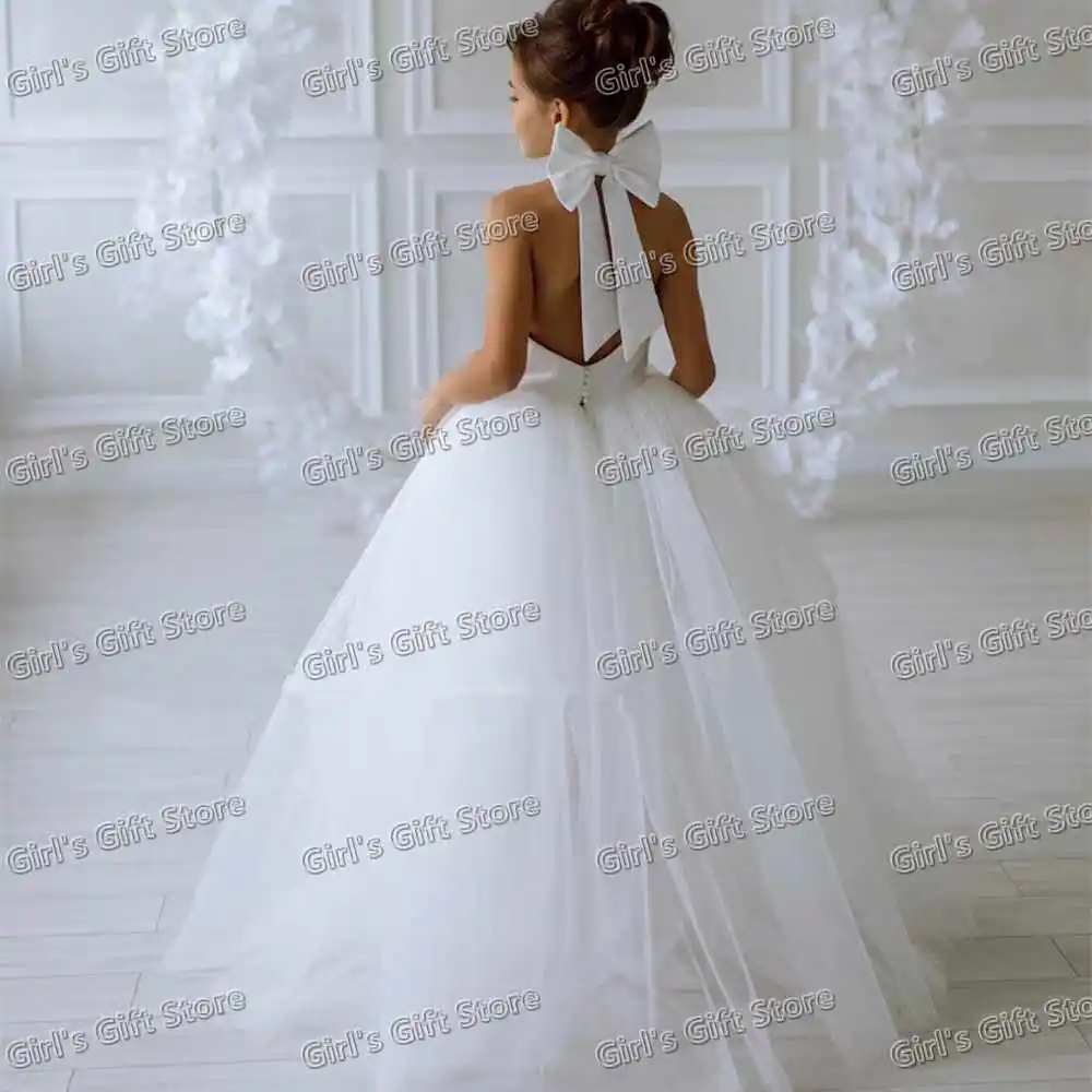 Backless Satin Tulle Flower Girl Dresses Wedding with Bow Princess Birthday Party Pageant Ball Gowns for Girls