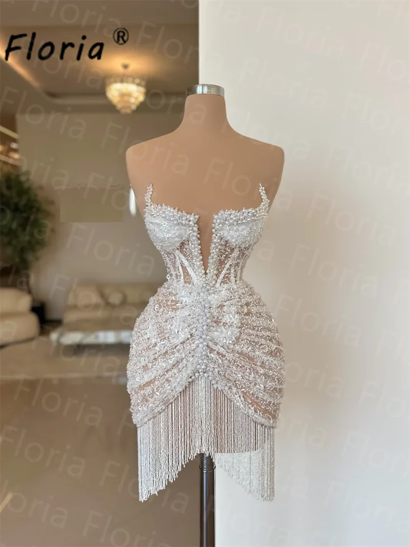 Sheer Neckline Pearls Cocktail Dress with Tassel Fringes Ivory Sequin Beaded Short Prom Dresses