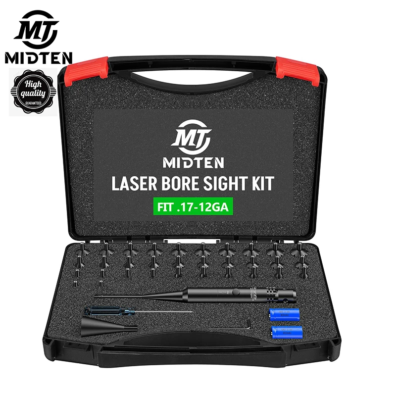 MidTen Green Laser Bore Sight Kit with Button Switch Professional Sighter with 32 Adapters for 0.17 to 12GA Calibers