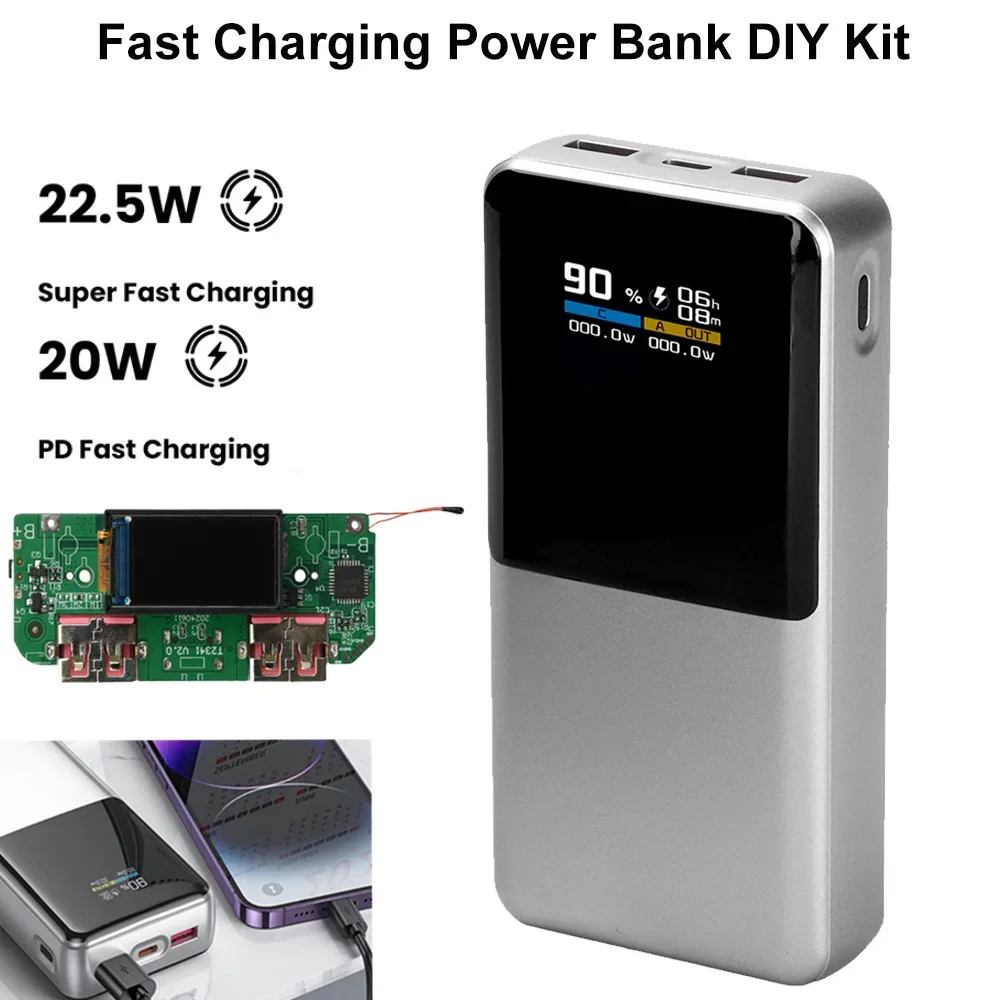 Modulo di Ricarica Rapida 22.5W, Kit Fai-da-Te per Power Bank con Display LCD a Colori TFT, Batteria al Litio Ternaria 3.7V, Supporta PD/QC/SCP/VOOC