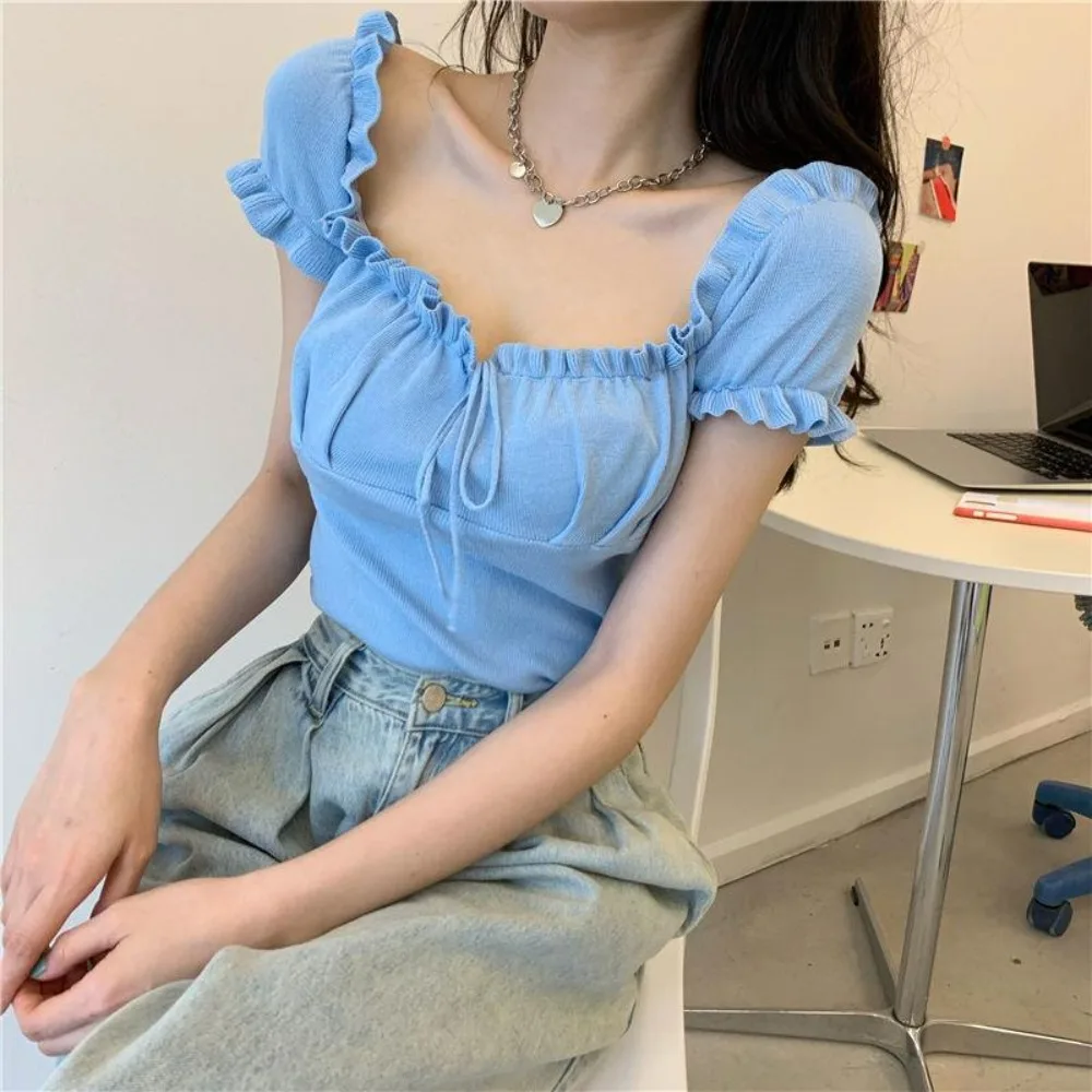 Sleeveless Square Neck Drawstring T-shirt Terylene Straight Shoulder Ice Silk Short Sleeve Top Off-the-shoulder 3