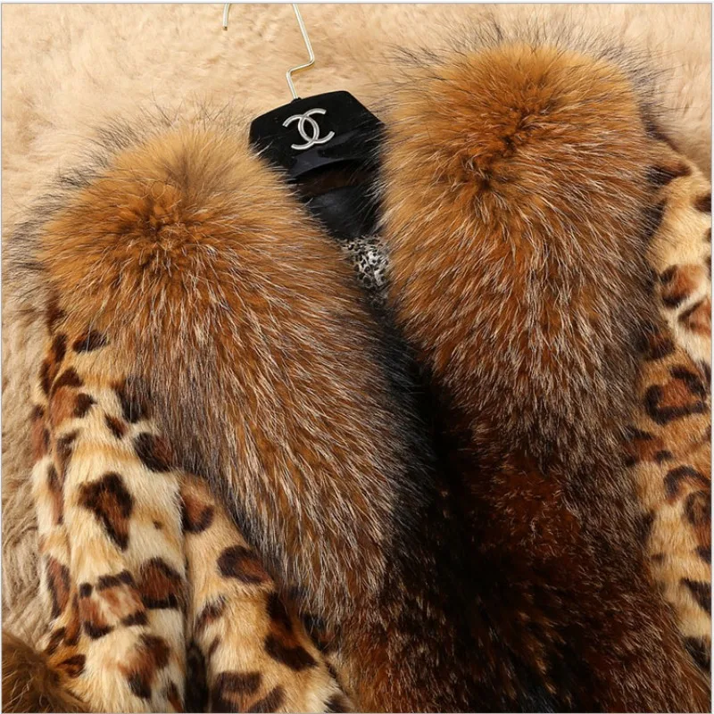 Autumn and Winter New Faux Fur Coat with Large Fur Collar Leopard Print Medium Length Women's Fur Coat Raccoon Dog