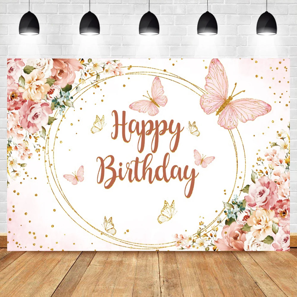 Happy Birthday Name Photography Background Flower Wreath Blooms Wedding Ceremony Baby Shower Party Photographic Backdrop