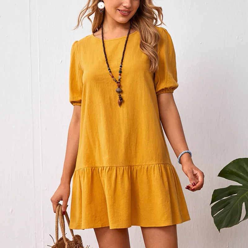 

New Fashion Women's Dress 2023 Oversized Cotton and Linen Round Neck Short Sleeved Chic Vestido Casual Dress for Women