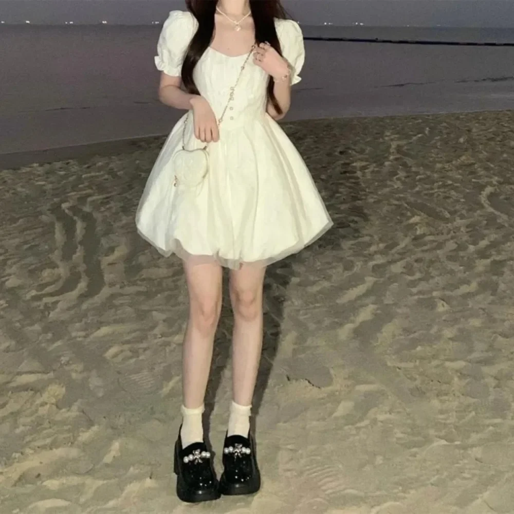 Elegant Women's Short Puff Sleeve Dress A Line Mini Dress Mesh Splicing Solid Sweet Party Dresses Perfect for Any Occasion