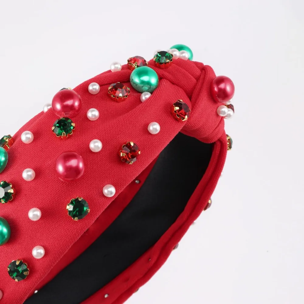 Description Picture 4 of itemWide Edge Christmas Hairband Fashion Headwear Rhinestone Knot Headband Imitation Pearl Red Green Crystal Beads Hair Band
