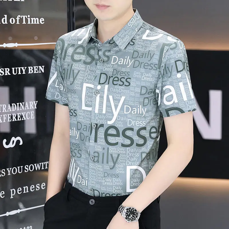Business Casual Men Shirts Summer New Lapel Ice Silk Wave Printing Button Streetwear Fashion Office Social Short Sleeve Tops 4