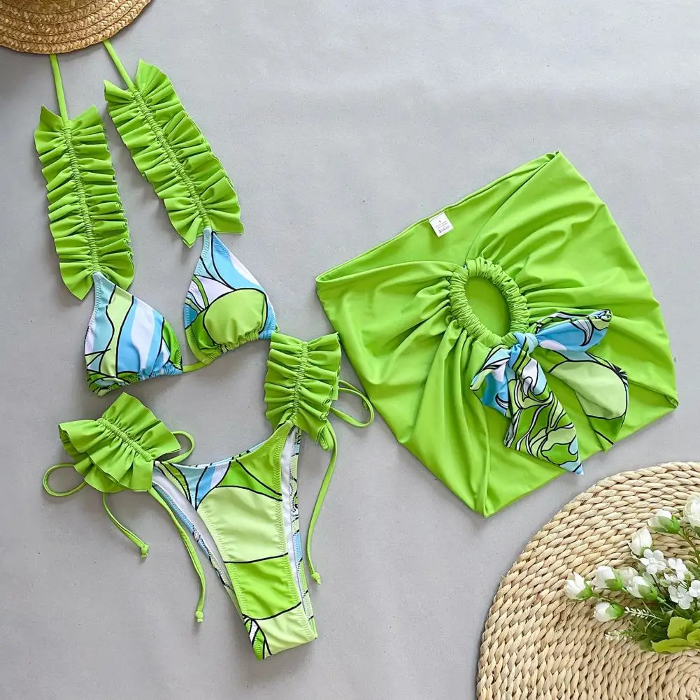3Pcs Women Bikini Women Swimsuit 2024 Halter Bra Lace-up Briefs Skirt Set Swimming Suit Bathing Suit trajes de baño mujer