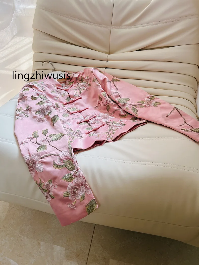 

lingzhiwusis Chinese Style Coat Embroidery Flower 2024 Summer Short Cheongsam Top Stand Colar Satin Outerwear New Arrive