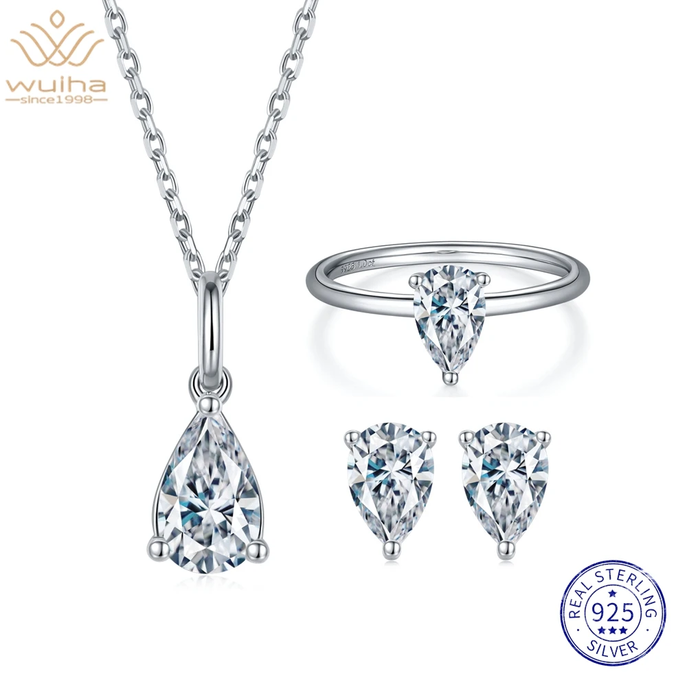 

WUIHA 1CT Pear Cut Moissanite Diamond 925 Sterling Silver Ring/Earrings/Pendant/Necklace Engagement Anniversary Fine Jewelry Set