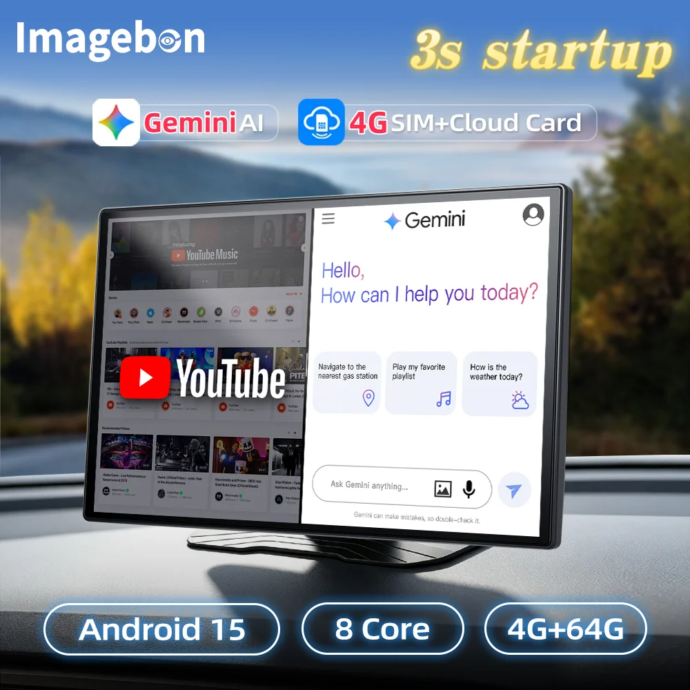 Imagebon M90 11" 4G ESIM LTE Android 15 8-Kern 4+64G Gemini AI Auto-Dashcam Drahtloses Carplay Android Auto 24h Ferngesteuerter Live-Rekorder