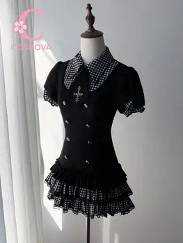 Japanese Gothic Lolita College Style Plaid Fake 2-piece Design Short Sleeve Black Dress Women Cake Mini Dress Summer Y2k Outfit 1