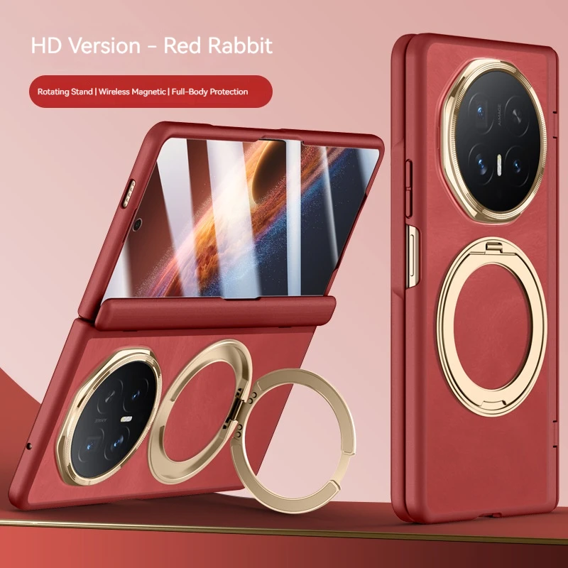 Frosted Transparent Magnetic Phone Case with Metal Rotating Bracket and Tempered Glass Protection